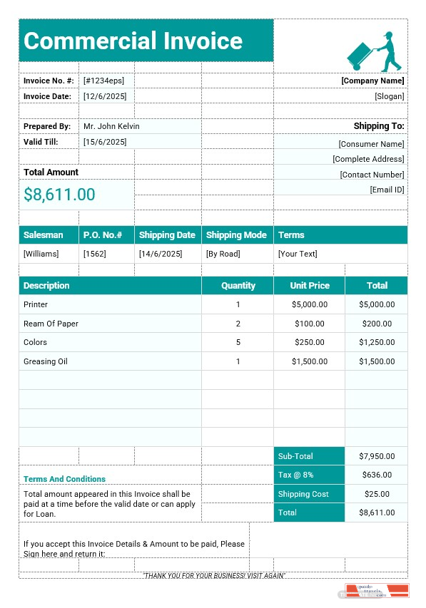 Printable Commercial Invoice Template PSD template
